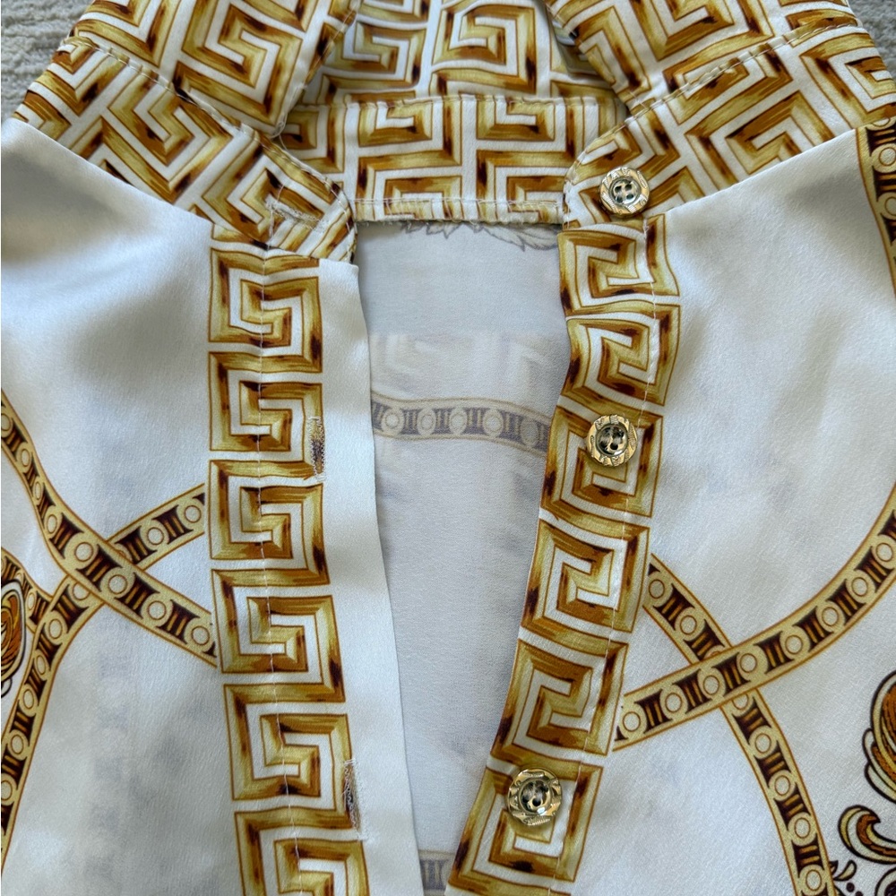 Woven Chain-Print Button-Down Shirt - White/Gold - Picture 6 of 7